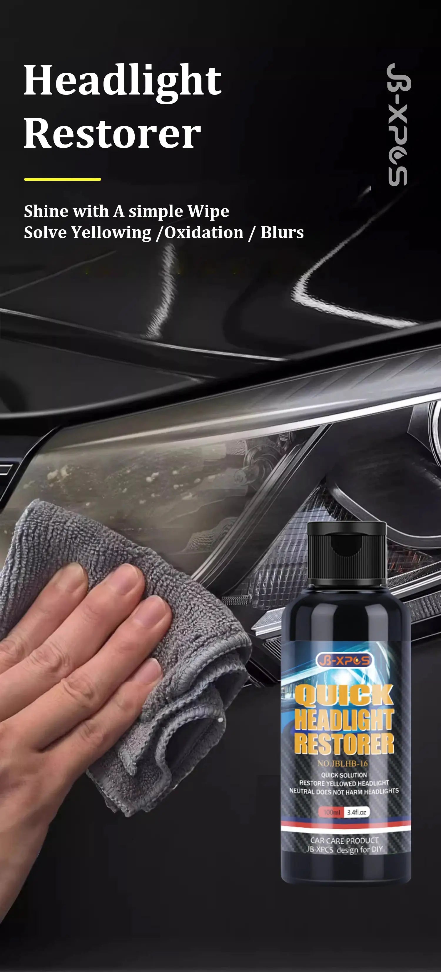 Headlight Restorer by Simples Market; black bottle with orange label beside a microfiber cloth polishing a headlight.