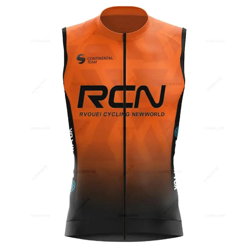 Rvouei sleeveless cycling vest in orange-to-black gradient with front zipper, large RCN logo and Continental Team text