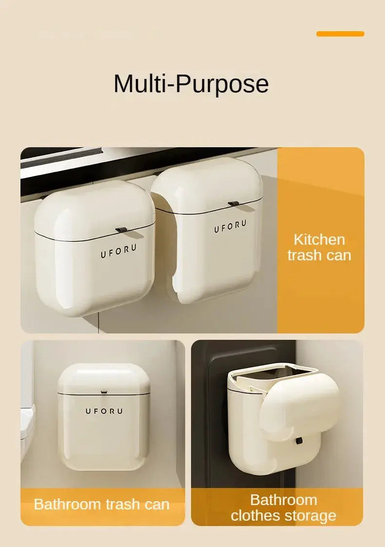 Cream wall-mounted kitchen trash cans with lids by UFORU; two units shown, plus bathroom trash can and clothes storage
