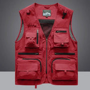 Simples Market multipocket quick-dry fishing vest, red sleeveless outdoor tactical vest with mesh pockets.