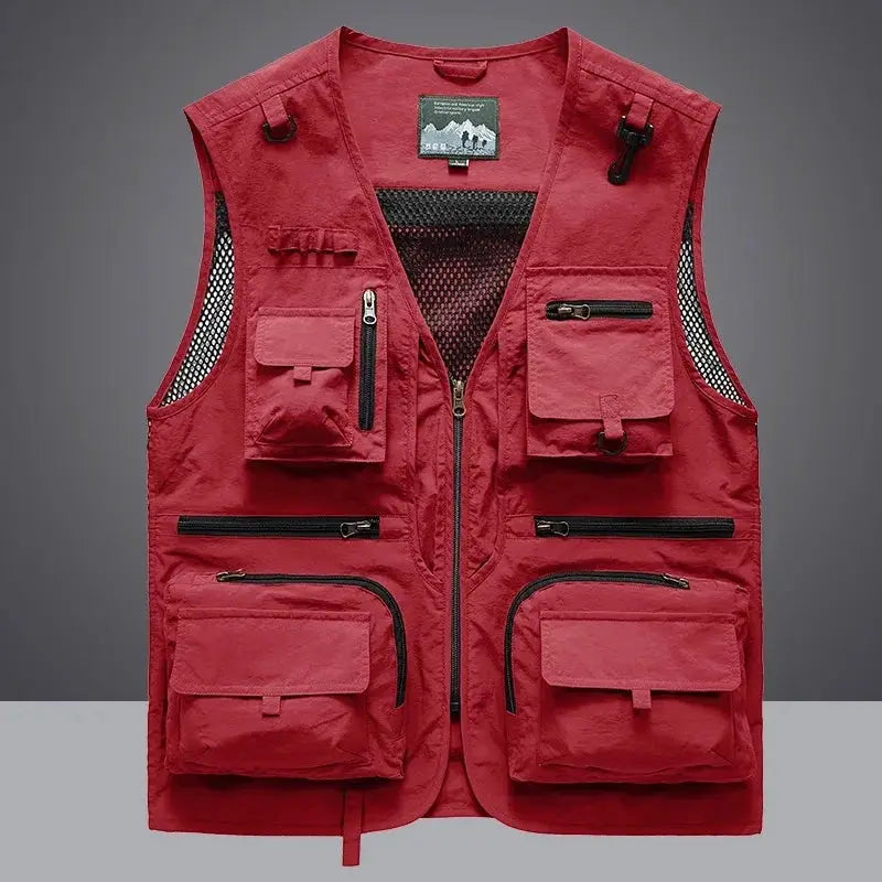 Simples Market multipocket quick-dry fishing vest, red sleeveless outdoor tactical vest with mesh pockets.