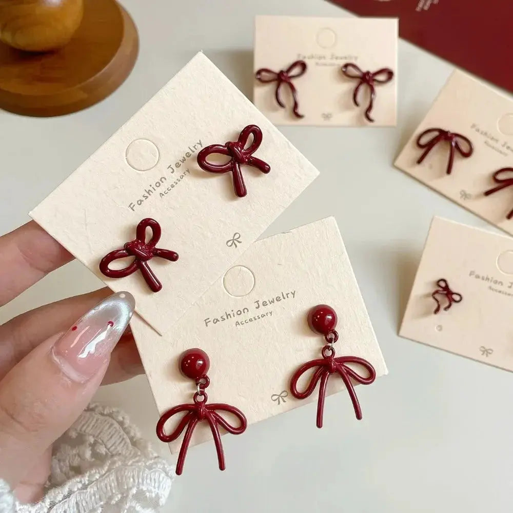 Red bowknot earrings set for women, stud and drop styles, Simples Market fashion jewelry
