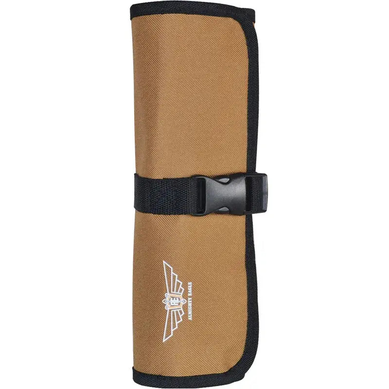 Roll-up tool pouch in brown Oxford cloth with black trim and buckle.