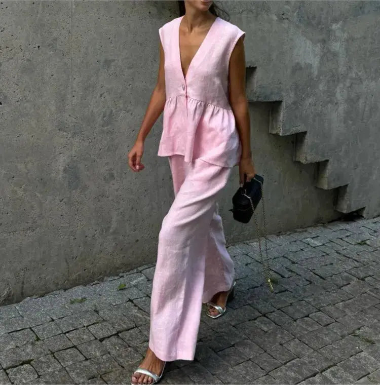Women Sleeveless V Neck Top Two Piece Summer Set With Straight Pants