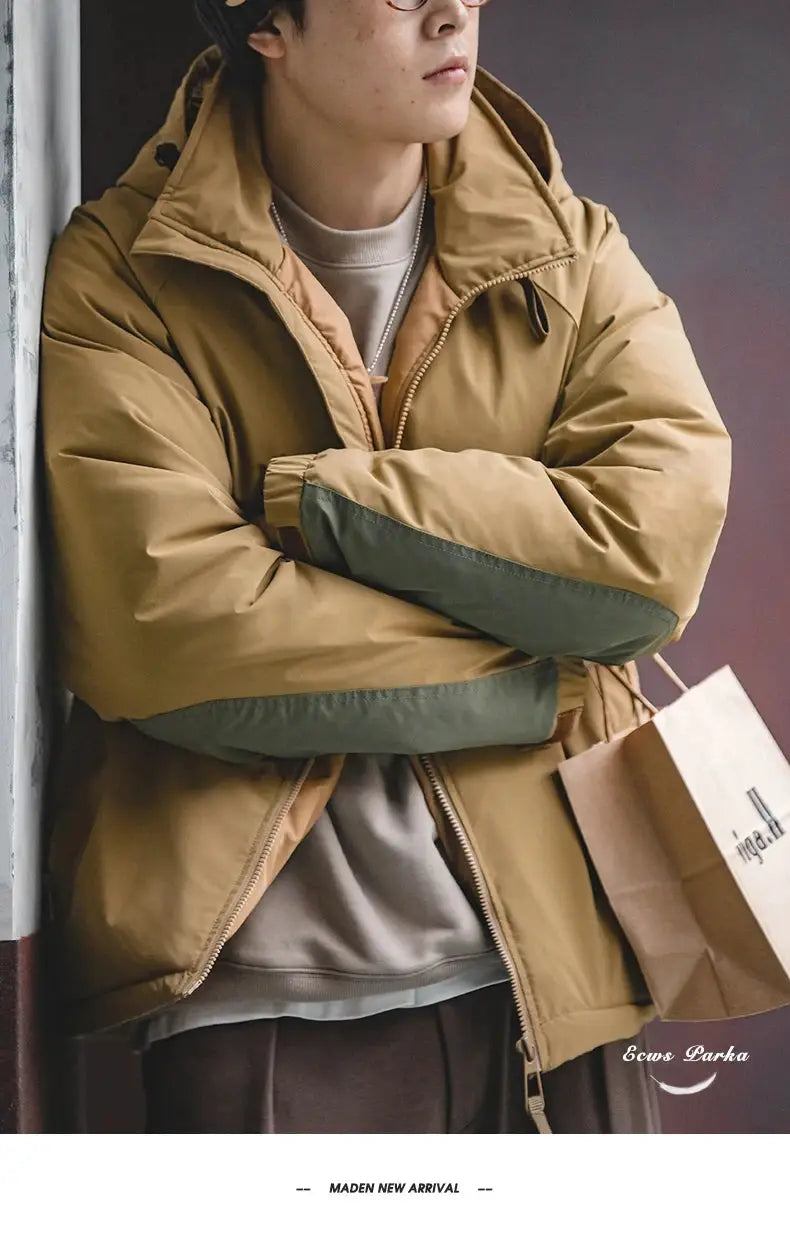 Maden hooded down jacket for men in tan with olive sleeve panels, Simples Market outerwear.