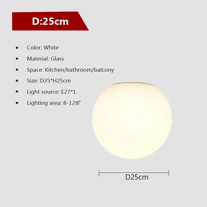 LED glass white ball ceiling light by Simples Market, 25 cm diameter, E27 socket, bathroom/kitchen/balcony