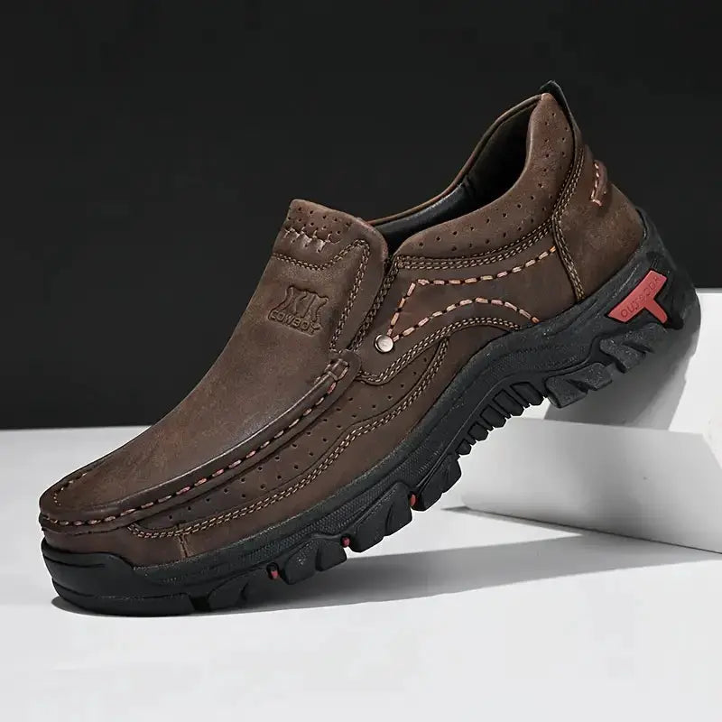 Men's brown leather loafers by Simples Market, casual slip-on with rugged outsole