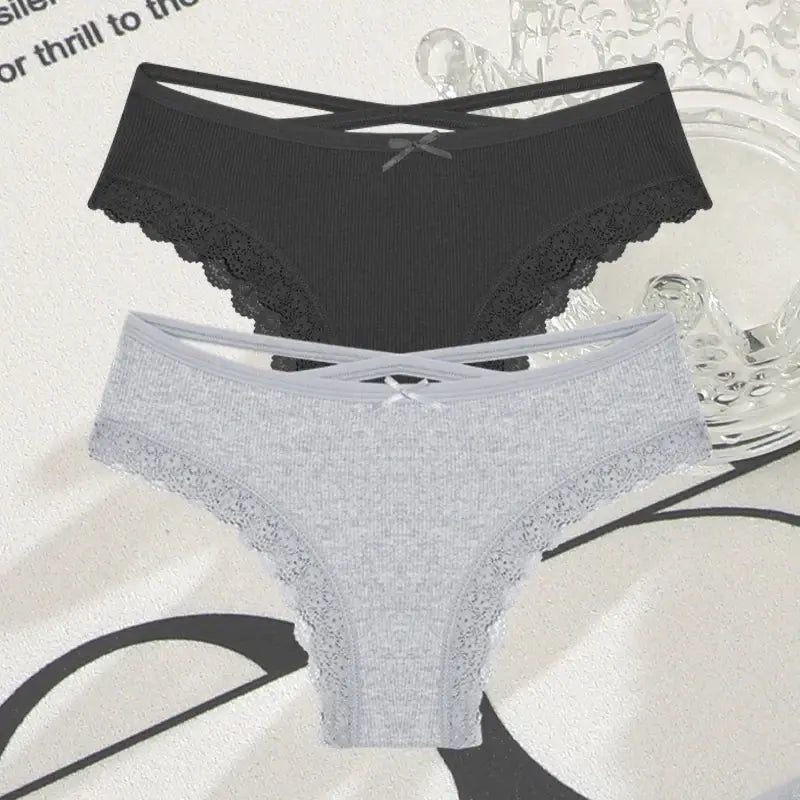 2-pack women's cotton panties with lace trim and criss-cross waistband, low-rise Brazilian briefs in black and light grey