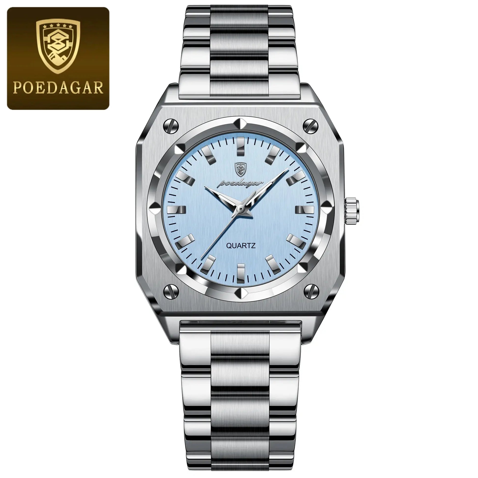 POEDAGAR stainless steel ladies wristwatch with blue dial.