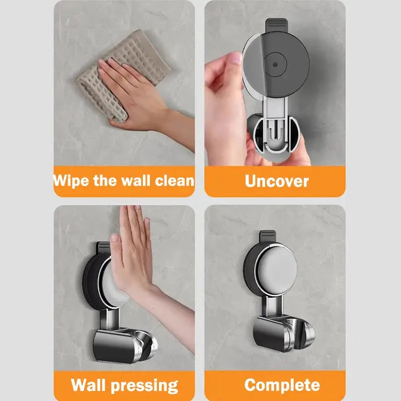 Simples Market Universal Shower Head Holder, chrome finish with black suction cup, wall-mounted