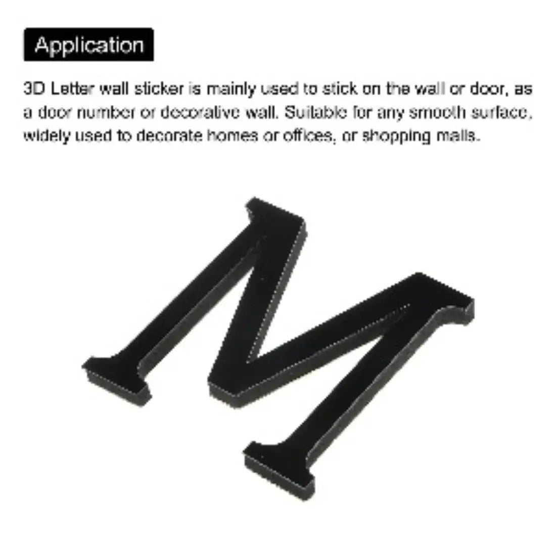 Black 3D mirror acrylic letters M wall art decals, self-adhesive, set of 2