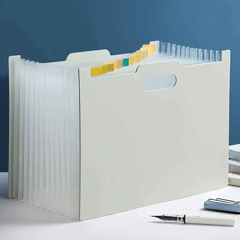 Simples Market A4 foldable white file storage box with multiple pockets and colored tab dividers.