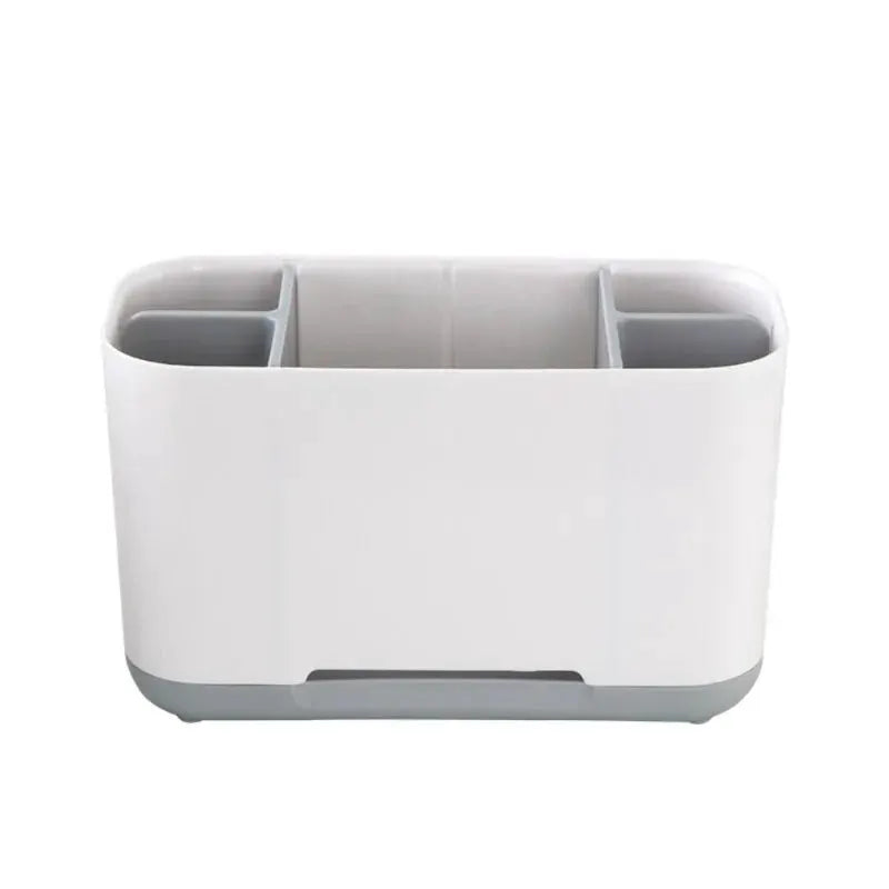 Toothbrush holder and bathroom organizer, white plastic with gray base, large capacity