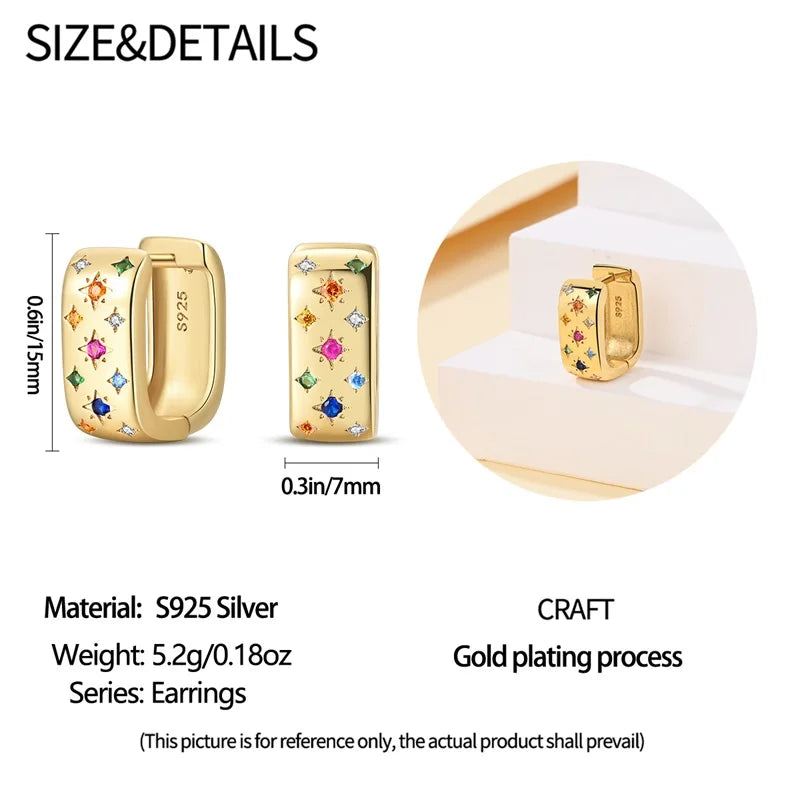 Classic gold-plated hoop earrings with S925 silver core and multicolor stones.