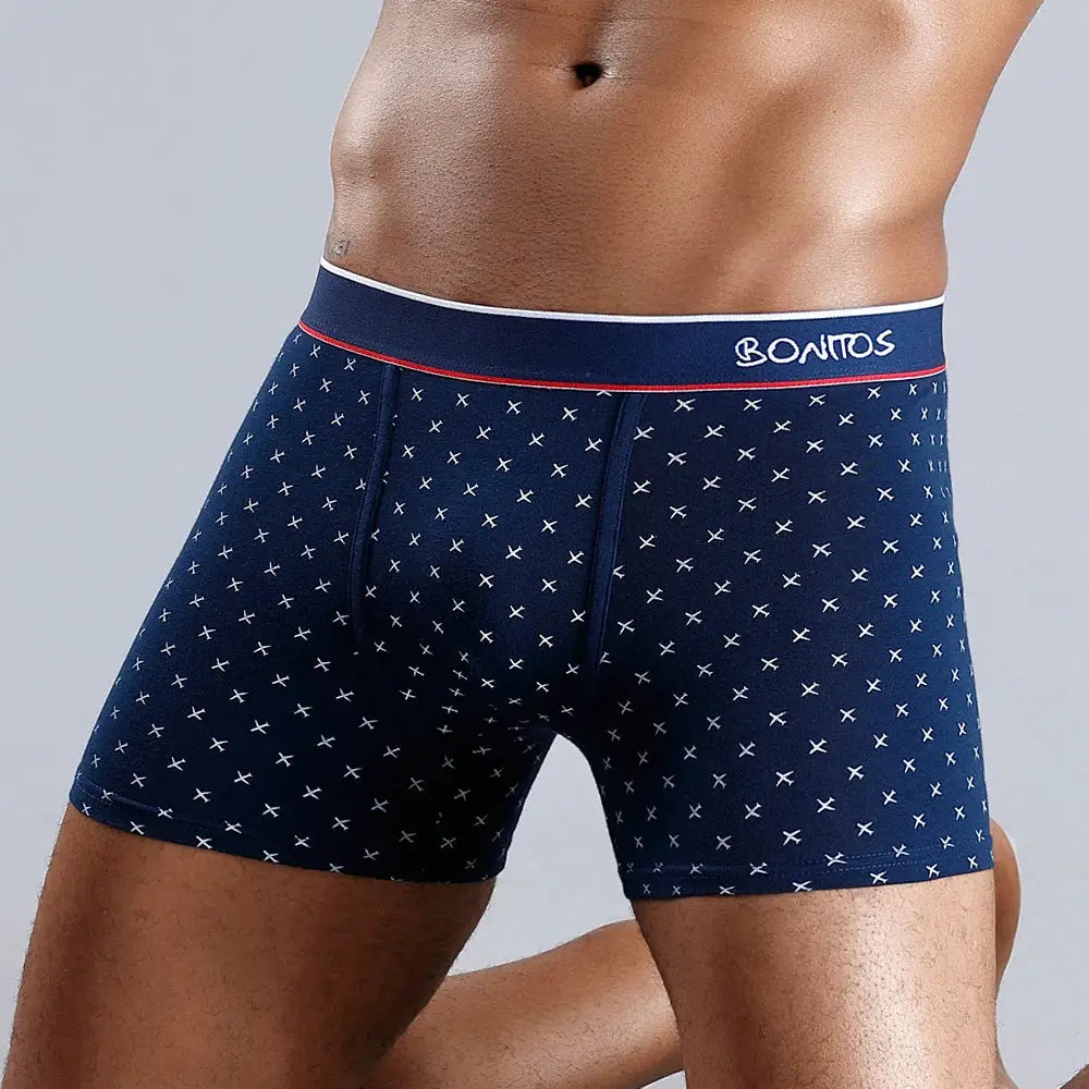Boxers for men, navy cotton print with white X pattern and BONITOS waistband.