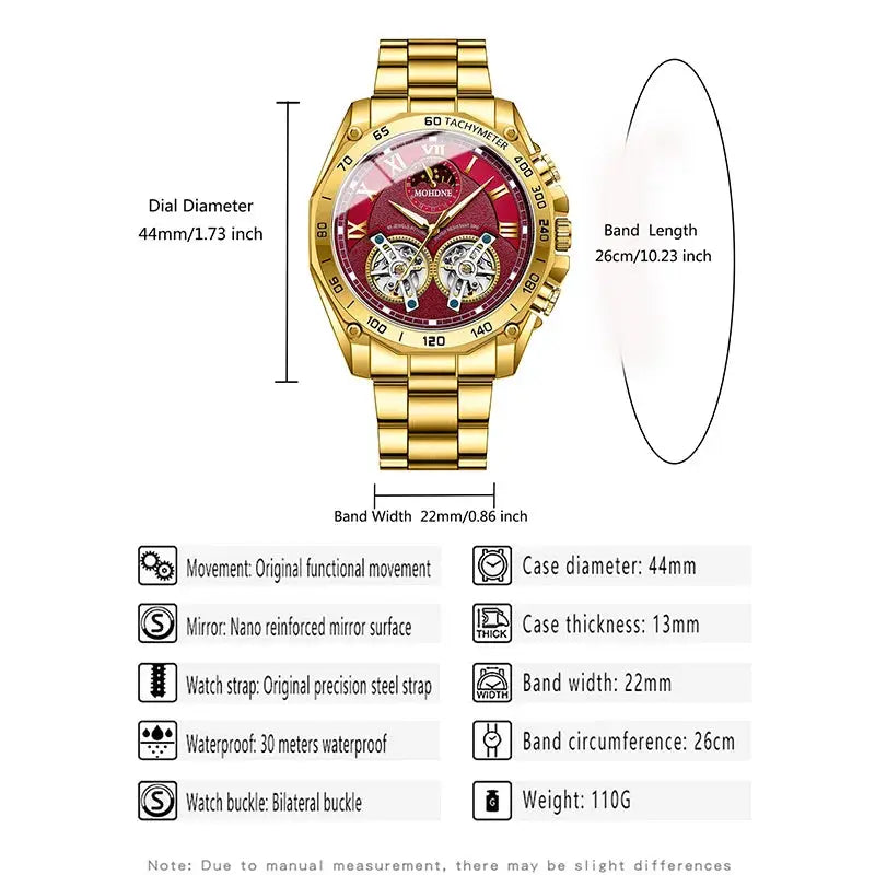 BINBOND luxury men's quartz watch with gold-tone bracelet and red decorative dial; skeleton subdials, waterproof to 30m.
