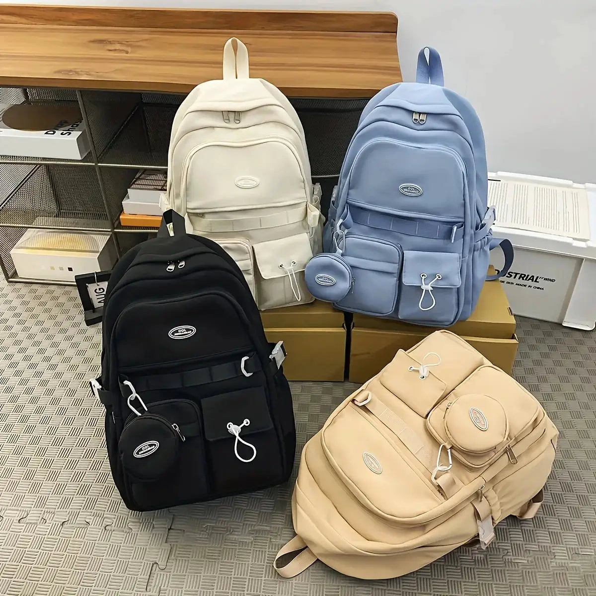 Simples Market large-capacity sports travel backpack in black, cream, blue, and beige with multiple pockets
