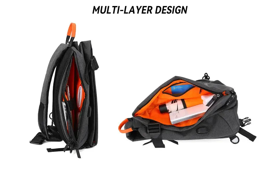 Anti-Theft crossbody sling bag, gray exterior with orange interior, compact one-shoulder travel bag