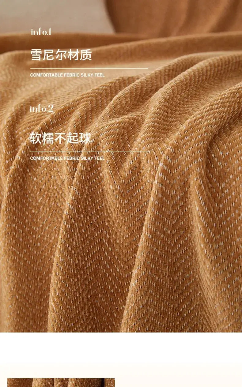 Luxurious chenille couch cover in warm brown with herringbone texture