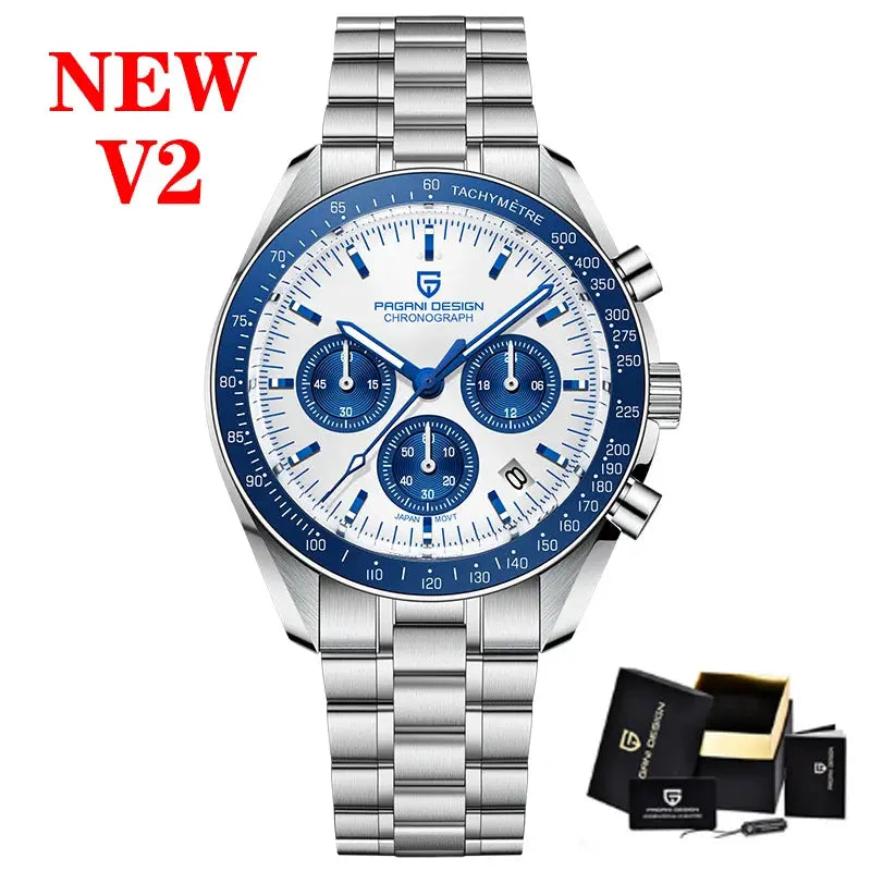 Pagani Design PD1701 stainless steel men's chronograph watch with blue bezel and white dial, gift box included