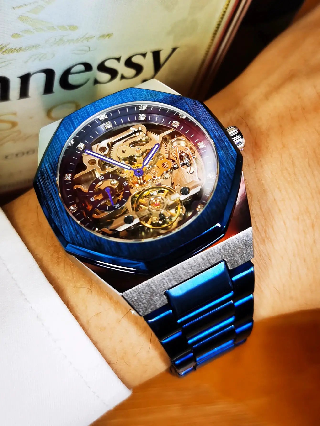 Forsining skeleton automatic watch for men with blue stainless steel case and bracelet, luminous hands