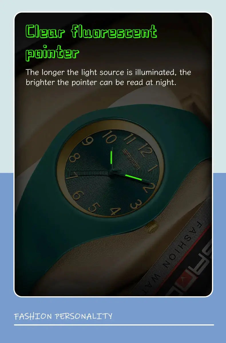 SANDA 6186 student quartz wristwatch with teal silicone strap and luminous green hands on a dark dial.