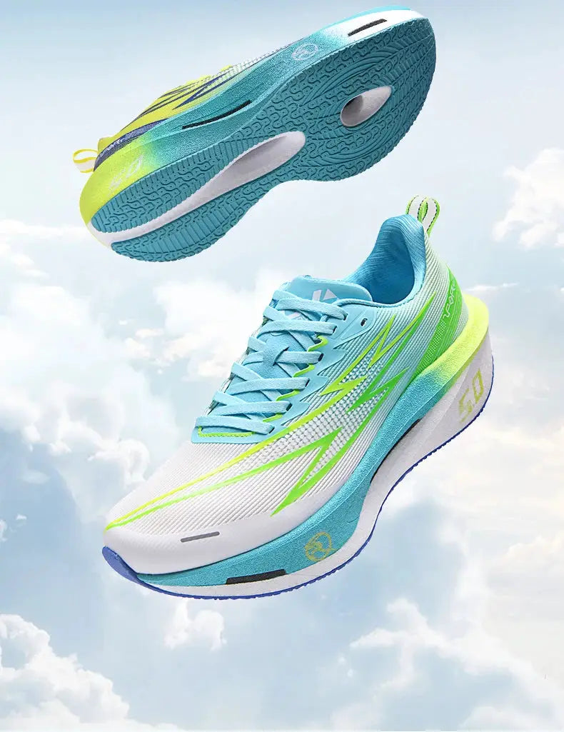 Running shoes pair in blue and white with neon green accents and AirCushion sole