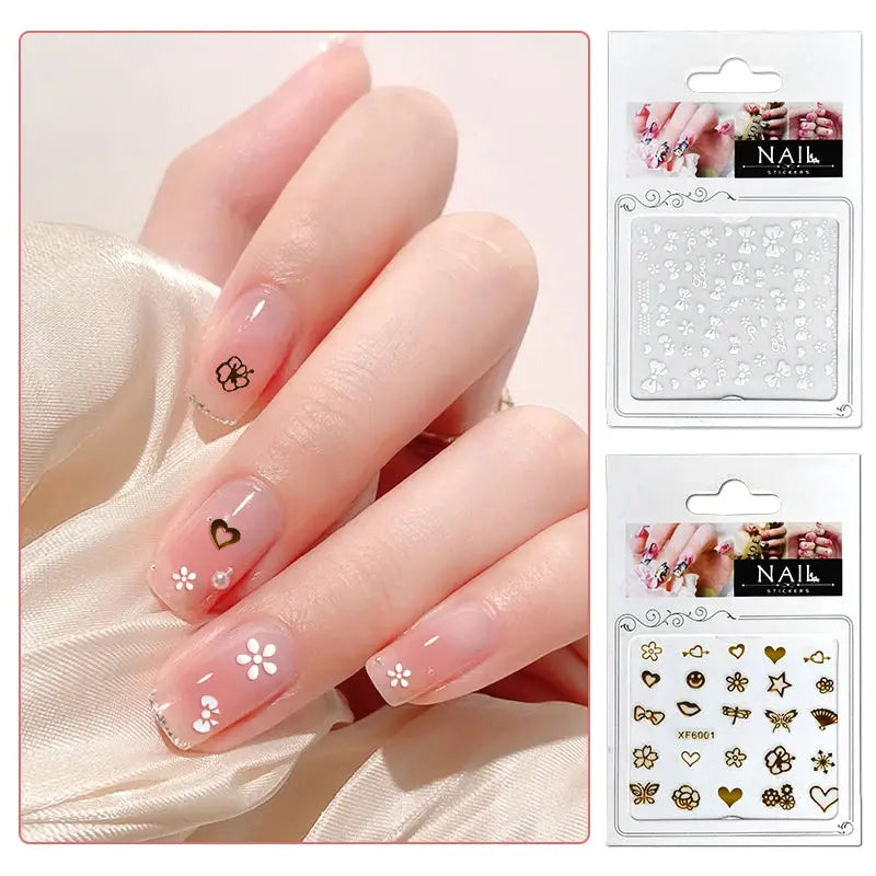 Gel nail art sticker kit with white floral decals; includes two decal sheets for DIY nails.