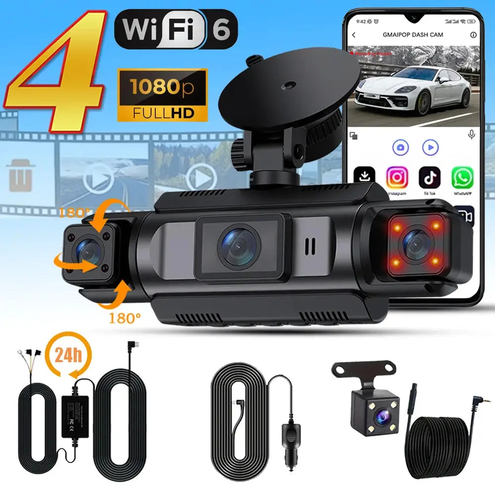 Simples Market 4Ch WiFi dashcam with front, left, right, and rear cameras, FHD 1080p, night vision, hardwire kit