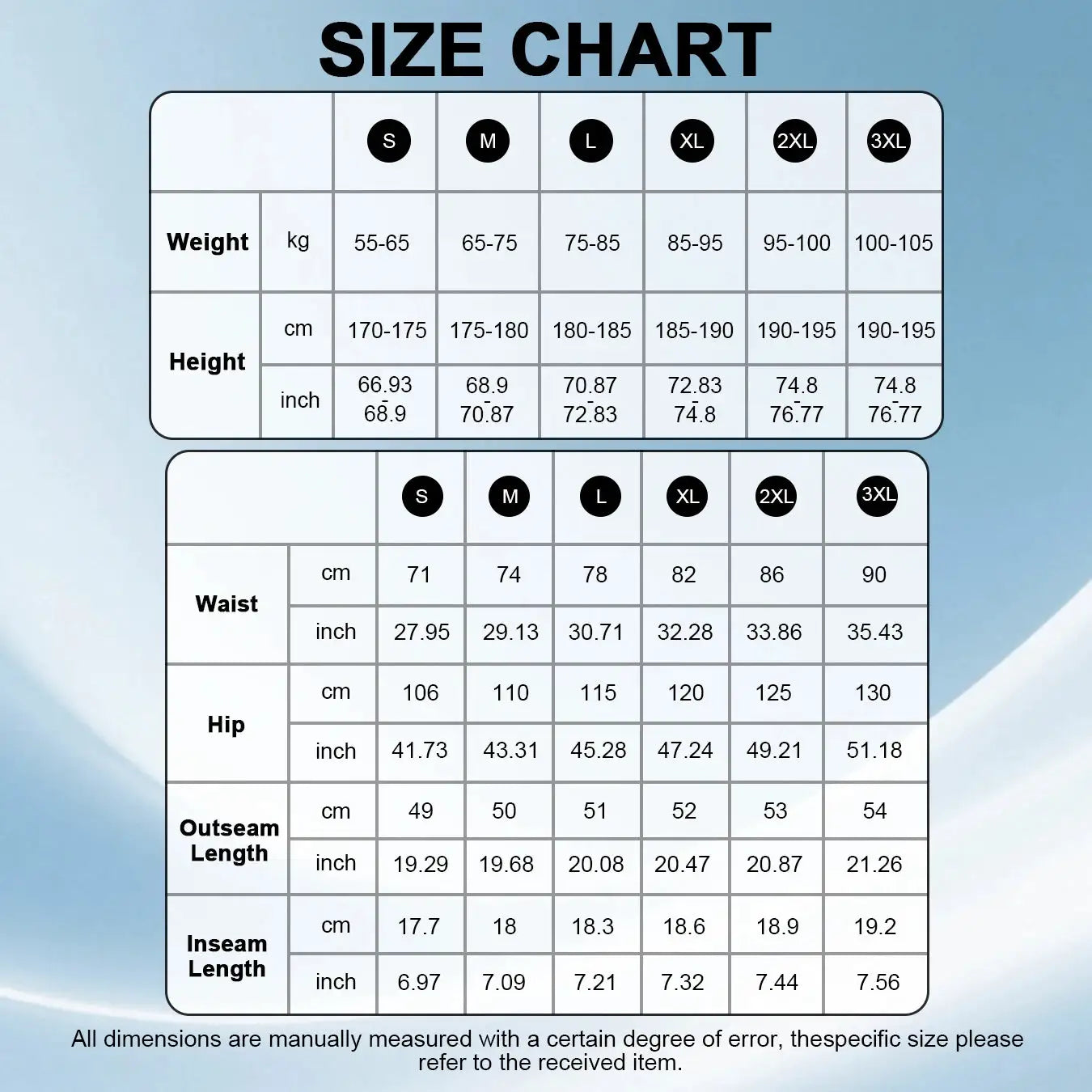 Simples Market men's cotton casual shorts size chart with waist, hip, inseam and outseam measurements (S-3XL)