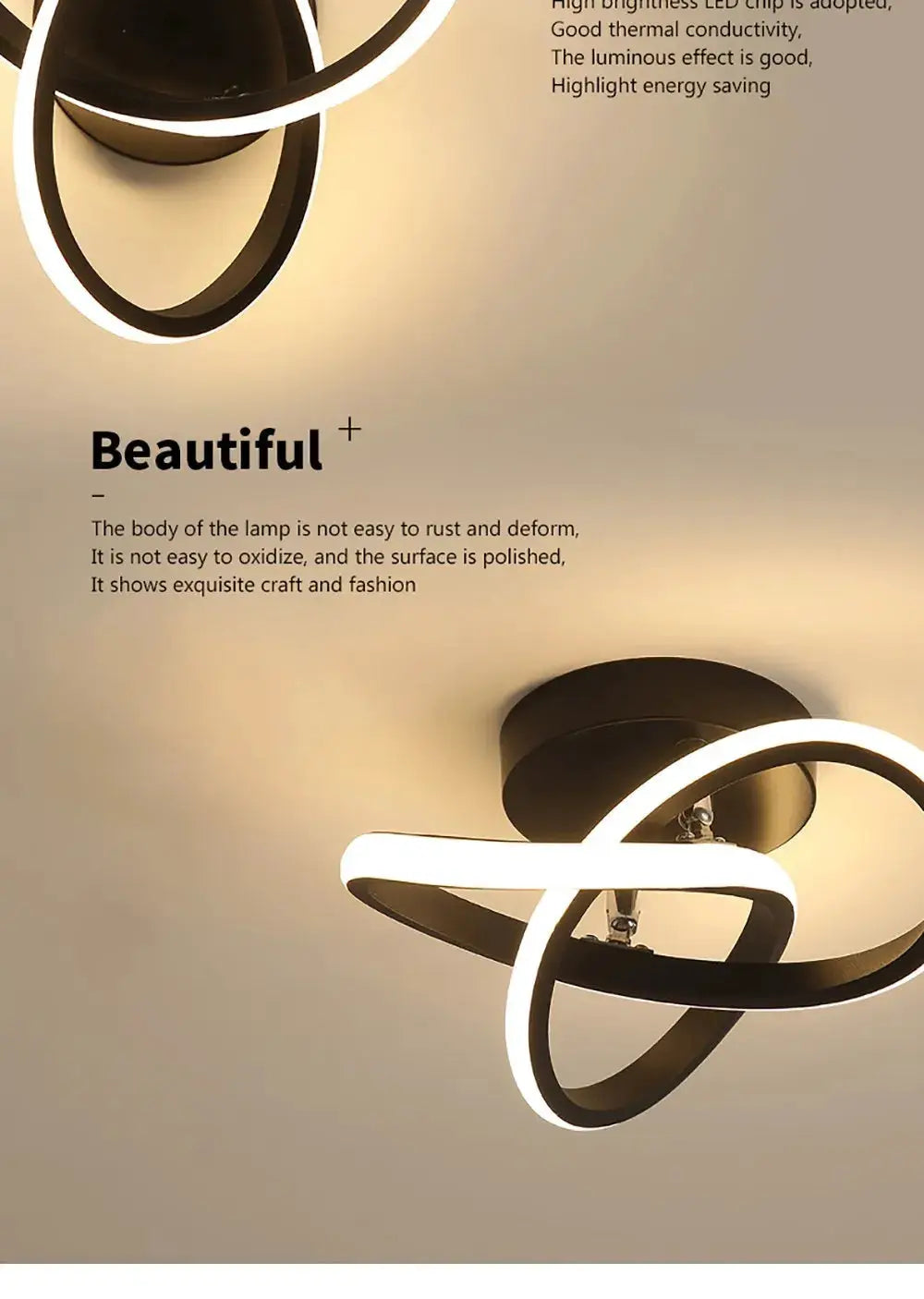 LED strip ceiling lights; pair of black intertwined circular rings with white LED glow