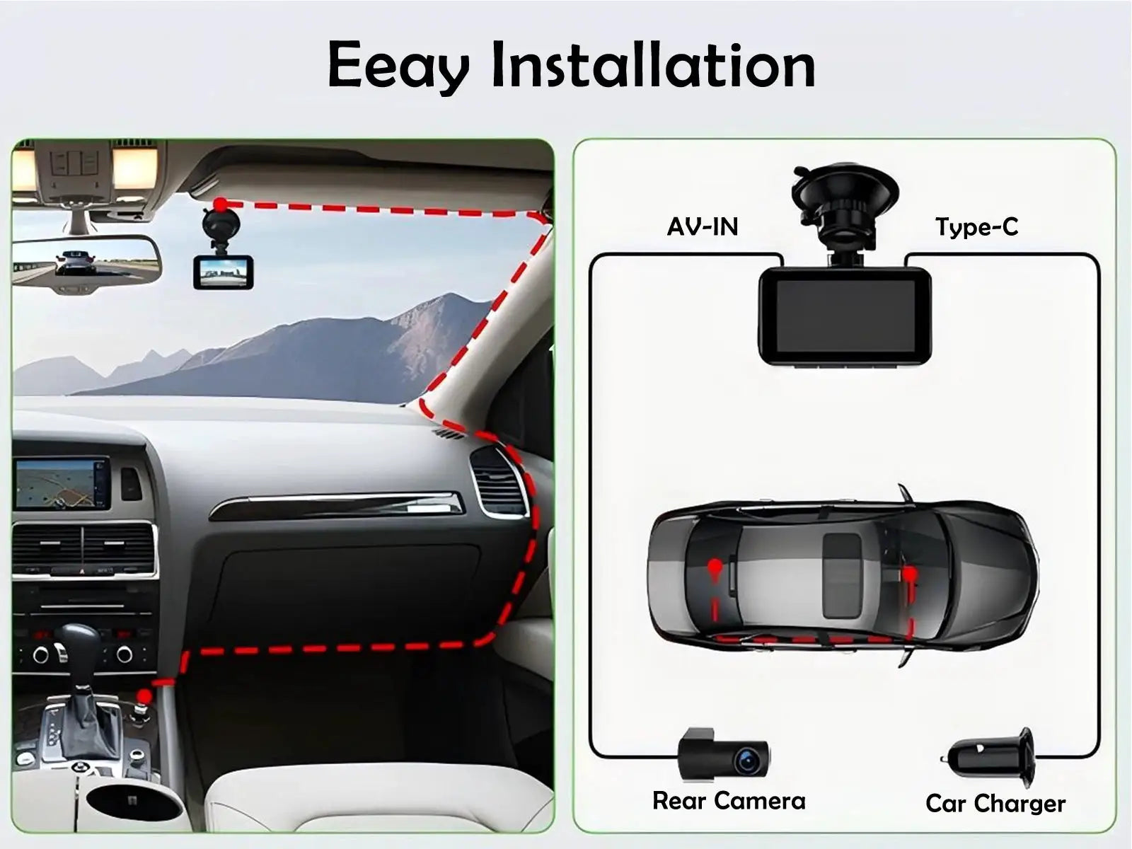 4K car dash cam by Simples Market with front and rear cameras; installation diagram shows AV-IN and Type-C ports.