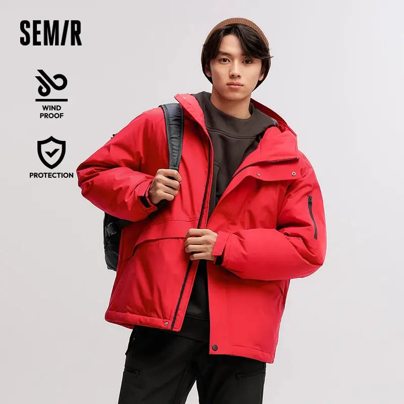 Semir men's red mid-length down jacket with hood, windproof and rainproof puffer.