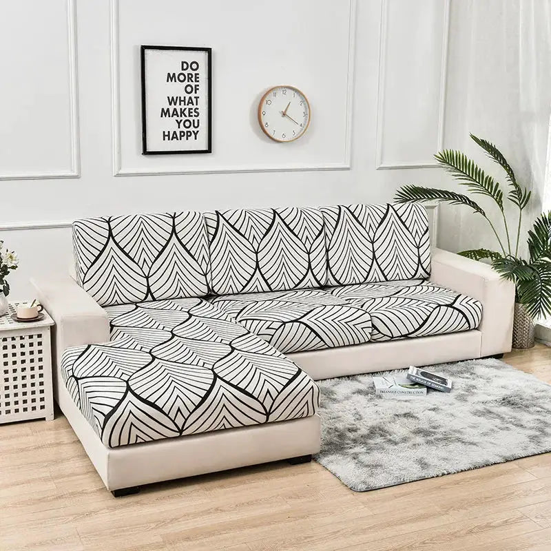 Stretch couch cushion slipcovers by Simples Market; black-and-white geometric sofa cushion covers with anti-slip grip