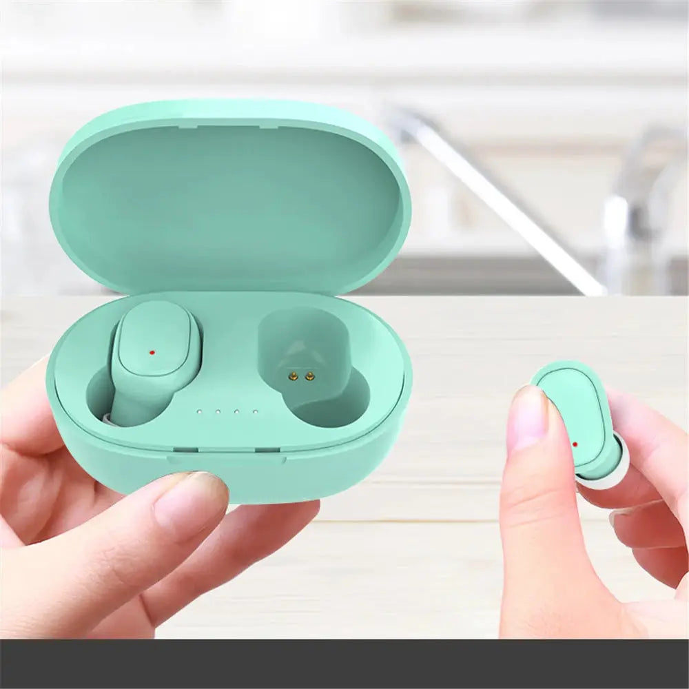 A6S wireless Bluetooth earphones in mint green with charging case, LED indicators, and 2 earbuds