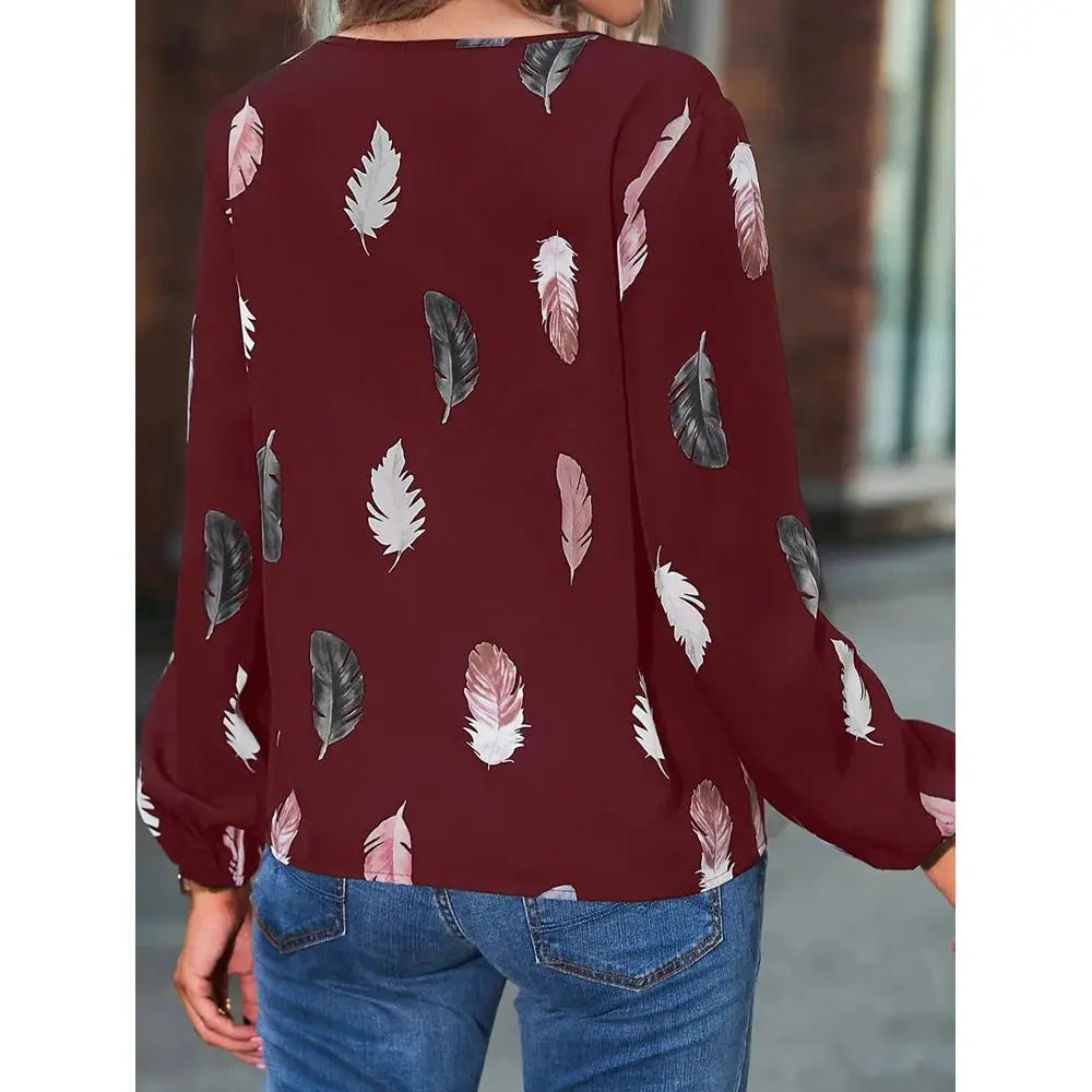 Women's maroon feather-print chiffon blouse with long sleeves