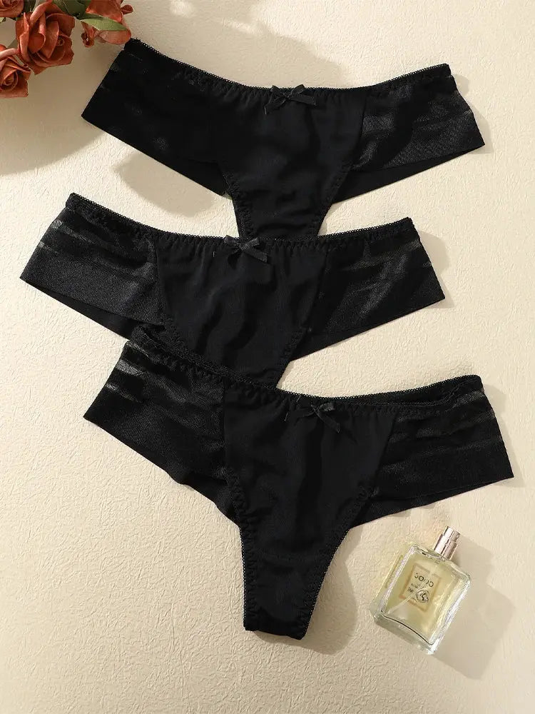 3-pack black lace thong underwear with small bows, low-rise