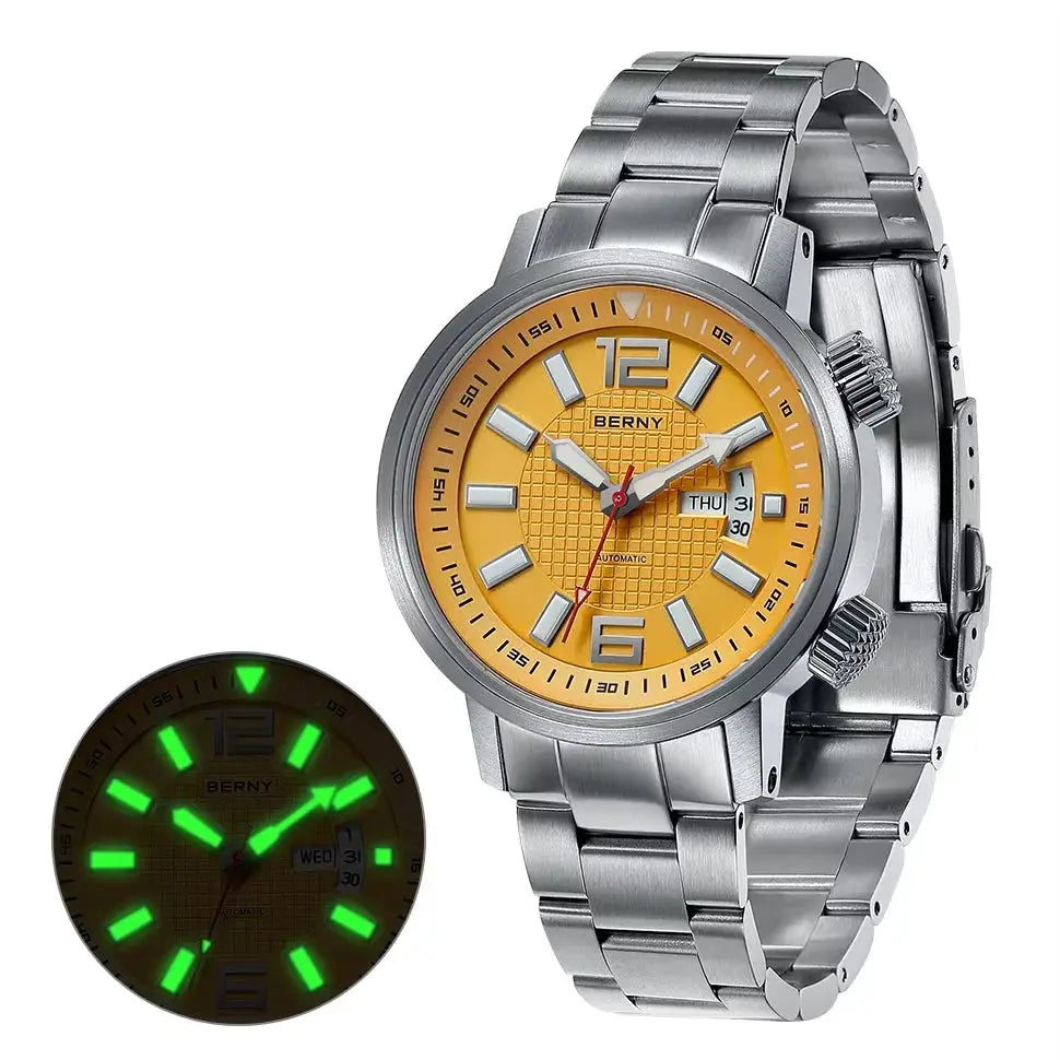 BERNY men's stainless steel diver watch with yellow dial, automatic self-winding, luminous hands, sapphire