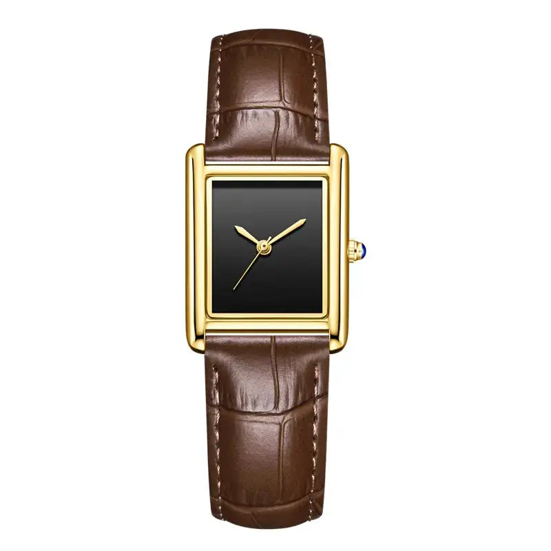 Rectangular gold-tone wristwatch with black dial and brown leather strap.