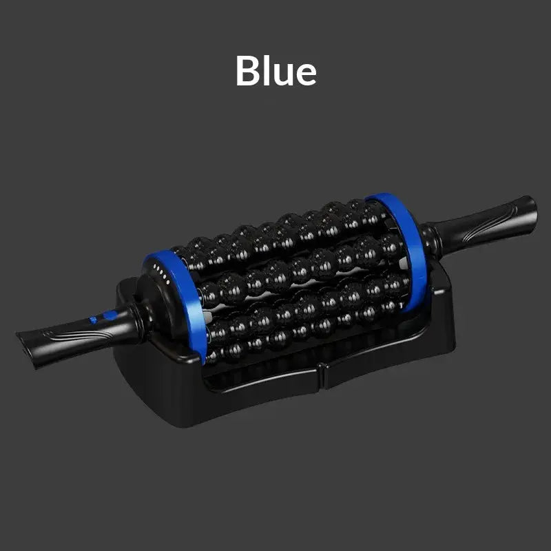 Rechargeable rolling percussive massager by Simples Market, blue with 72 massage points and base for foot, back, leg