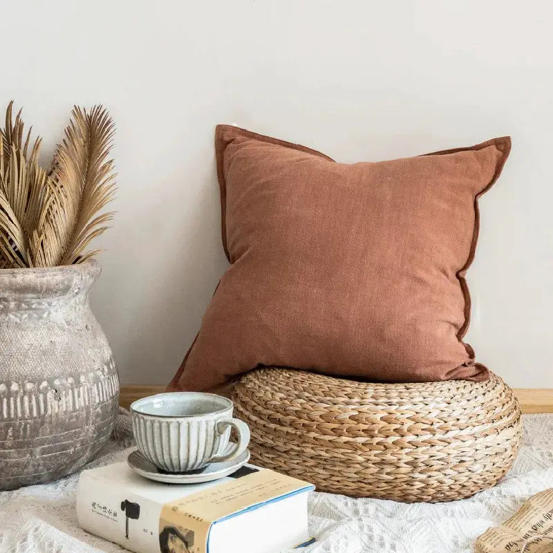 Decorative ramie cushion cover in terracotta brown for chair or sofa, boho farmhouse style