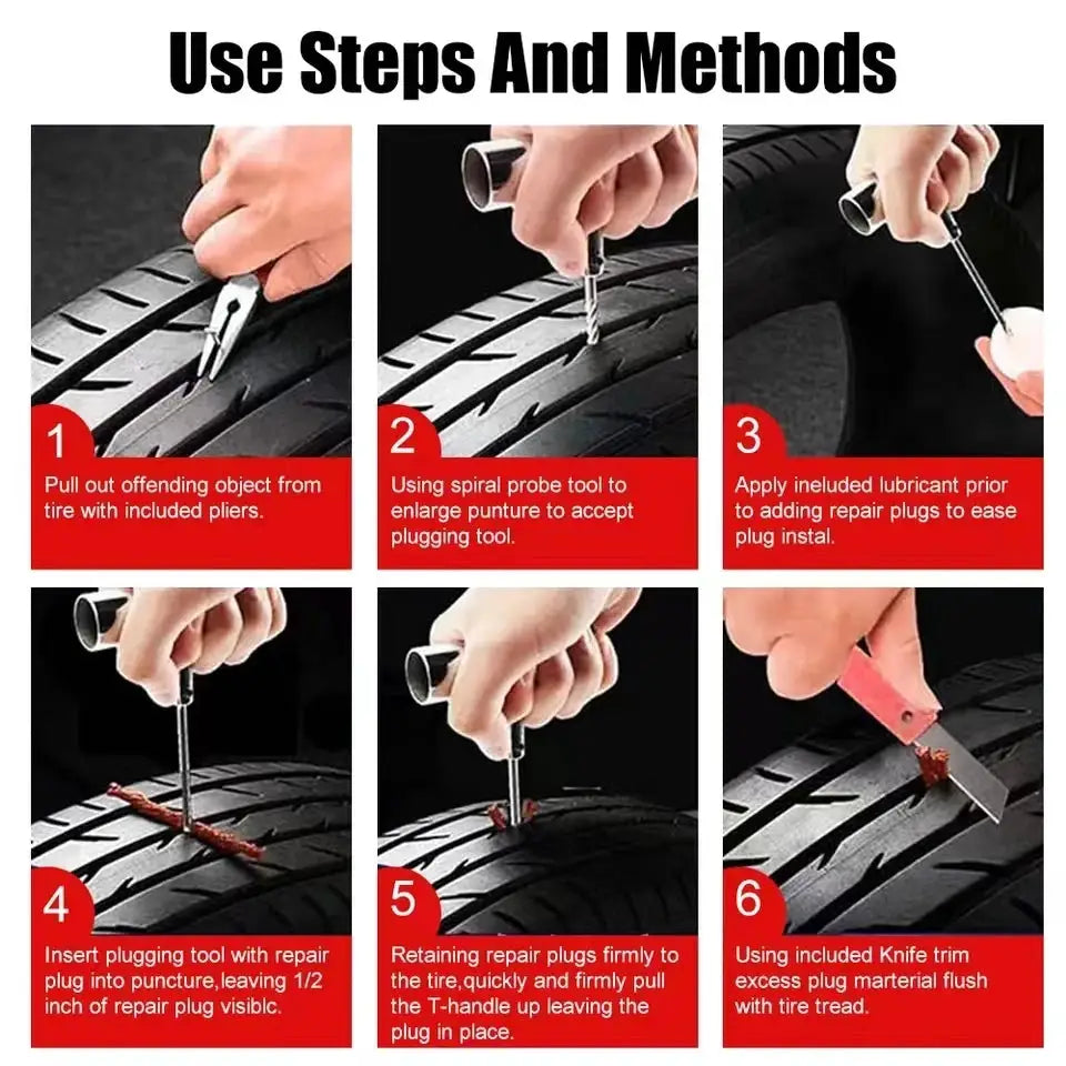 Tyre repair kit 45pcs for cars and motorcycles; compact tool set with puncture plugs and repair tools