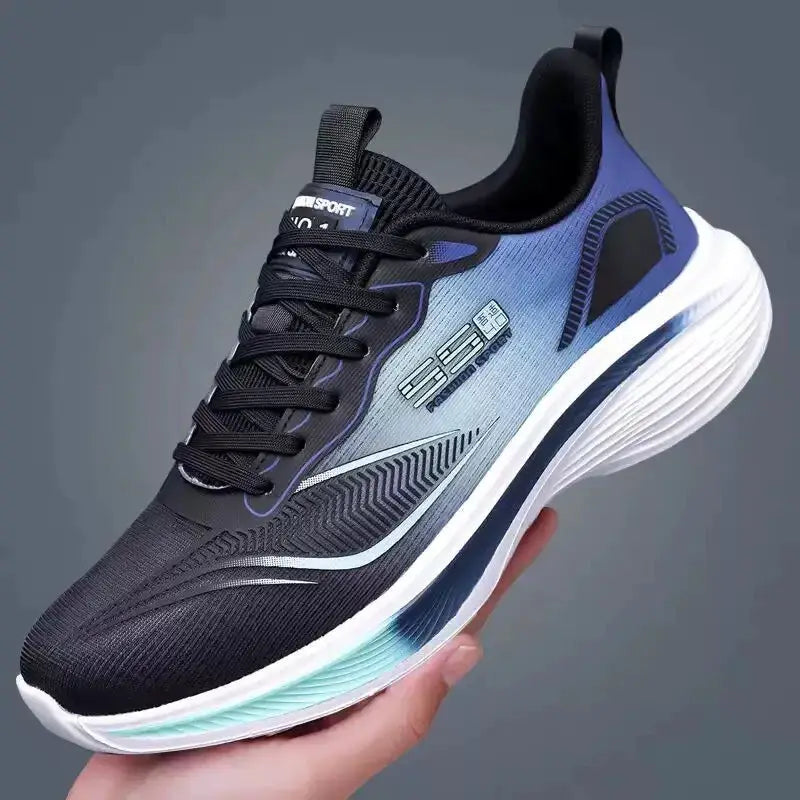 Breathable mesh men's sneakers by Simples Market, black and blue gradient upper with a white cushioned sole