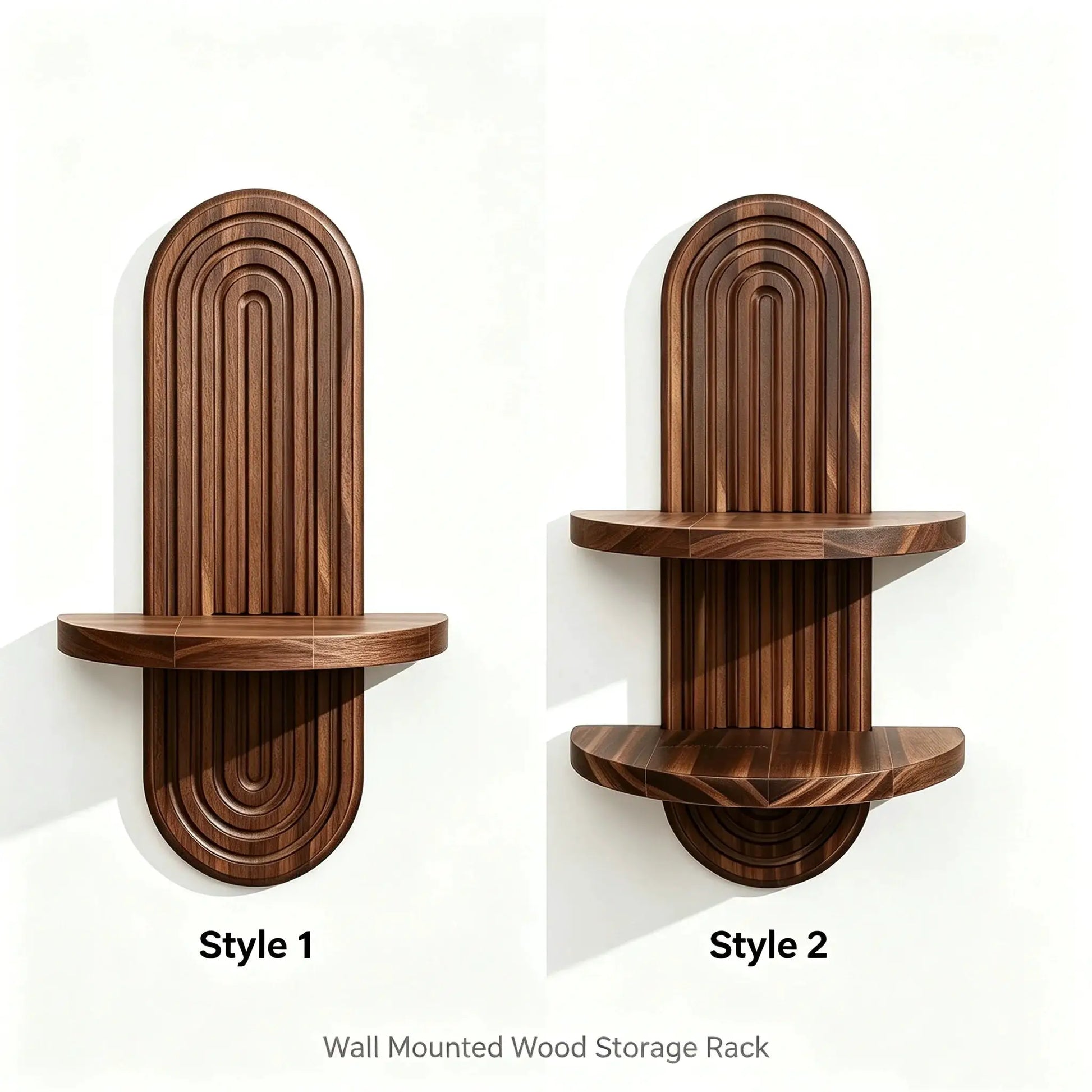 Wall-mounted boho wood storage rack with geometric arched panels, natural finish; Simples Market, 2 styles