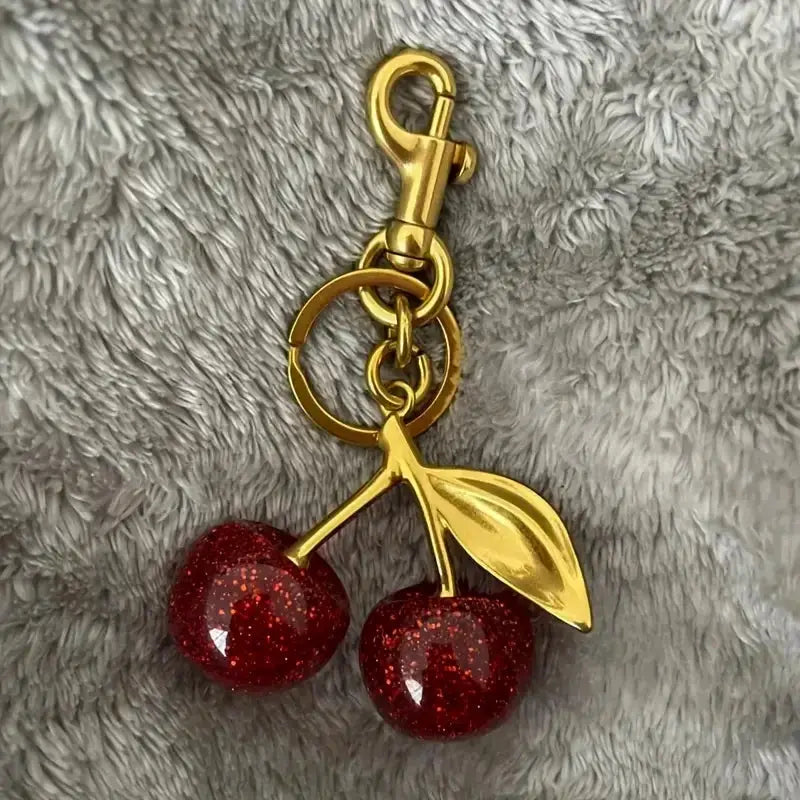 Golden Cherry Keychain Charm With Shiny Resin And Zinc Alloy Metal Bag Accessory For Women Gift Idea