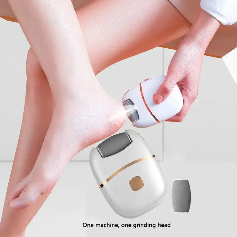 Simples Market electric foot grinder, cordless white device with gold trim, includes two grinding heads