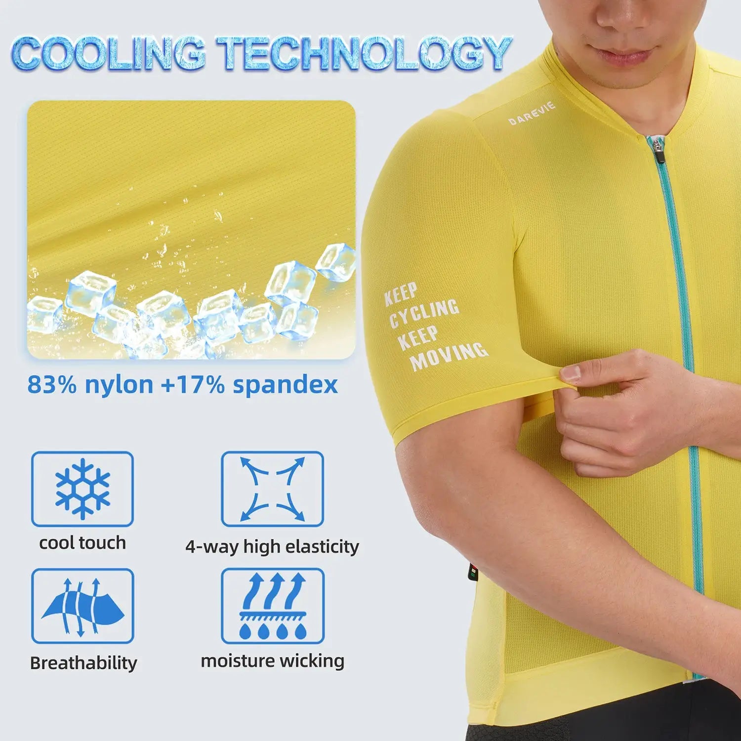 DAREVIE men’s cycling jersey in yellow with teal zipper; breathable quick-dry fabric, Simples Market