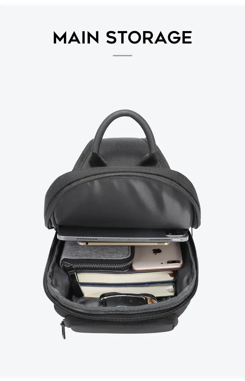 Simples Market Bange Oxford waterproof chest bag in black with phone, wallet and notebook inside