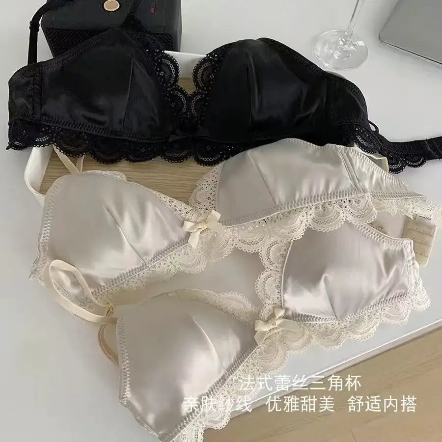 Set of three SP&CITY Korean style triangle-cup lace bras in black and ivory satin with bows (Simples Market)