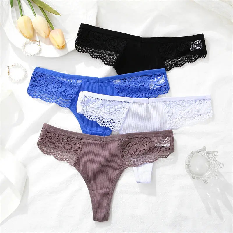 FINETOO women's cotton lace thongs 4-pack by Simples Market in black, royal blue, white, taupe with lace-trim sides